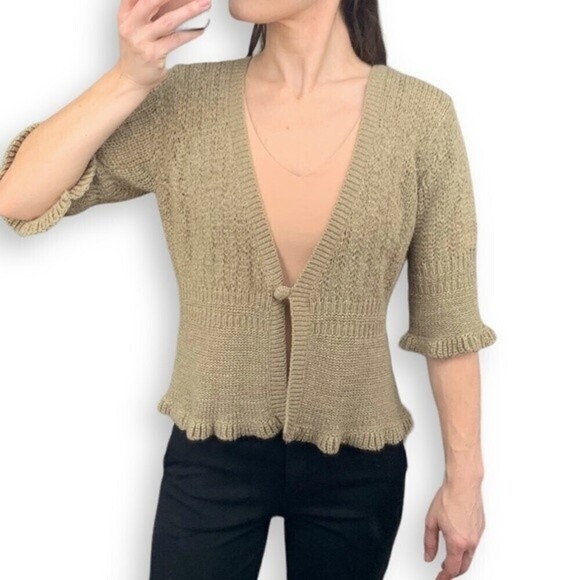 Vintage Cardigan Knit y2k Ruffle Hem Neutral Sweater - Picture 5 of 14